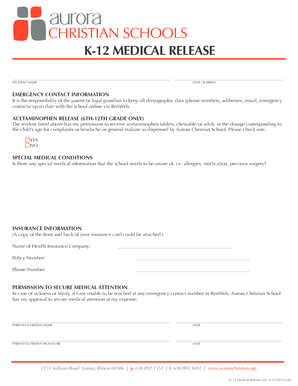 K-12 Medical Release Form - Aurora Christian Schools - aurorachristian