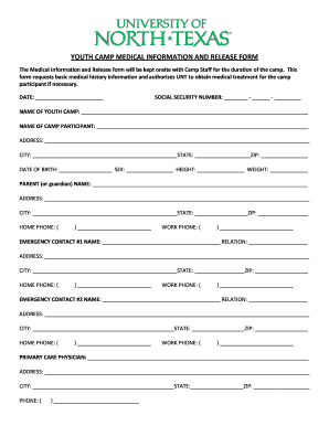 Youth Camp Medical Information and Release Form