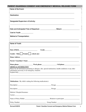 Parent Guardian Consent and Emergency Medical Release Form