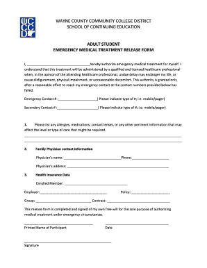 Adult Emergency Medical Treatment Release Form - Wayne County ... - wcccd