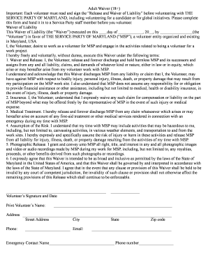 Adult Waiver of Liability for The Service Party of Maryland