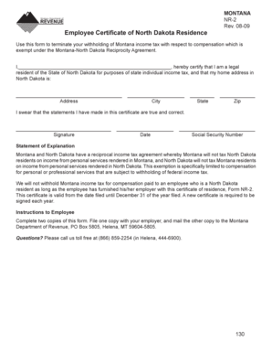 Montana Employee Certificate of North Dakota Residence