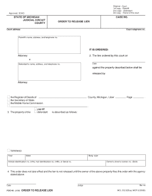 Michigan Order to Release Lien