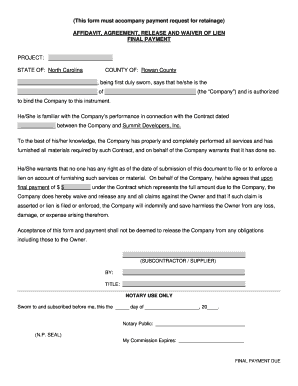 Affidavit Agreement Release Waiver of Lien