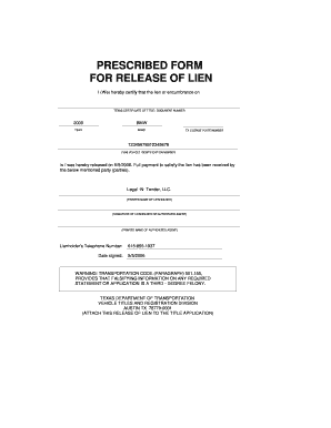 PRESCRIBED FORM FOR RELEASE OF LIEN