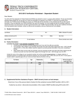 2012-2013 Verification Worksheet – Dependent Student