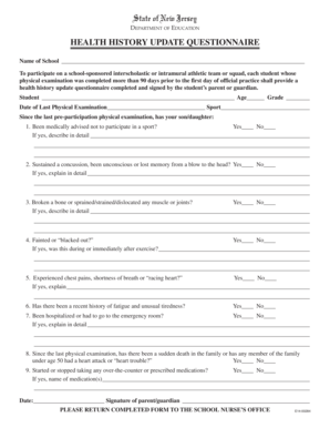 New Jersey Health History Update Questionnaire