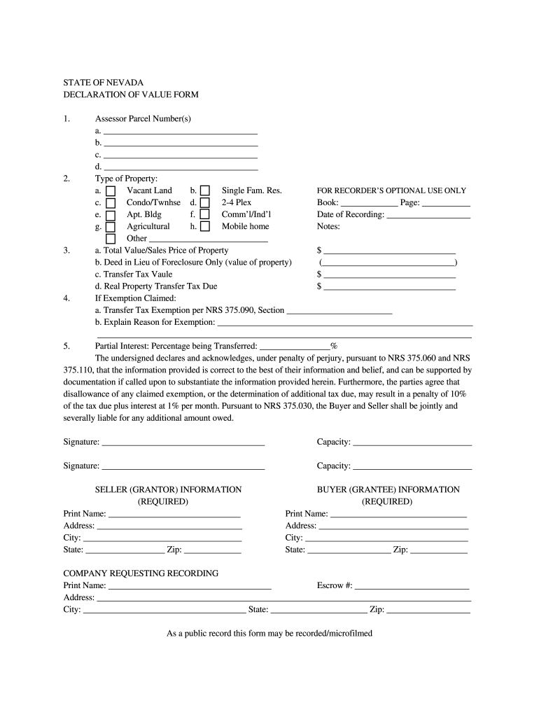 NV Declaration Value Form - Blank Fillable Template | Fill Out, Print ...