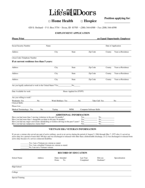 Employment Application for Home Health or Hospice