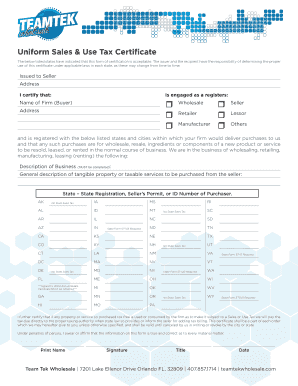 Uniform Sales & Use Tax Certificate