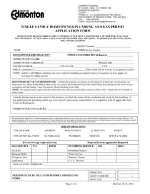 Single Family Homeowner Plumbing and Gas Permit Application