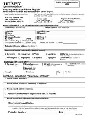 Inborn Errors of Metabolism Specialty Medication Review Form