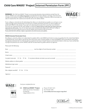 Child Care WAGE$ Internet Permission Form