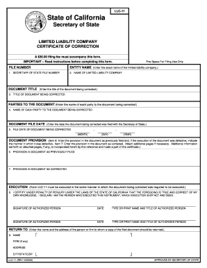 California Certificate of Correction Form LLC-11