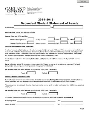 2014–2015 Dependent Student Statement of Assets