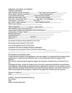 Personal Financial Statement for Franchise Application