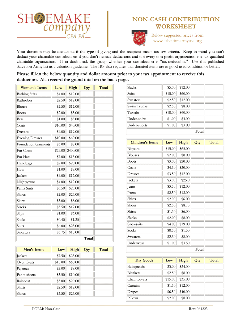 Fillable Online NON-CASH CONTRIBUTION WORKSHEET - Nancy Shoemake CPA ...