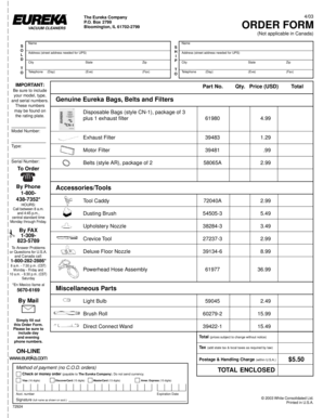 Eureka Vacuum Cleaner Order Form