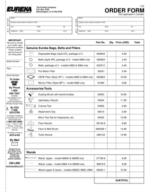 Eureka Vacuum Cleaner Order Form