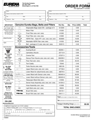 Eureka Vacuum Cleaner Order Form