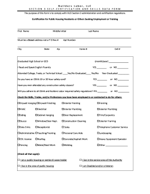 Builders Labor Section 3 Self-Certification and Skills Data Form