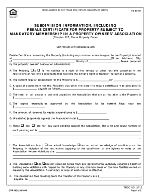 Texas Resale Certificate for Property Owners' Association