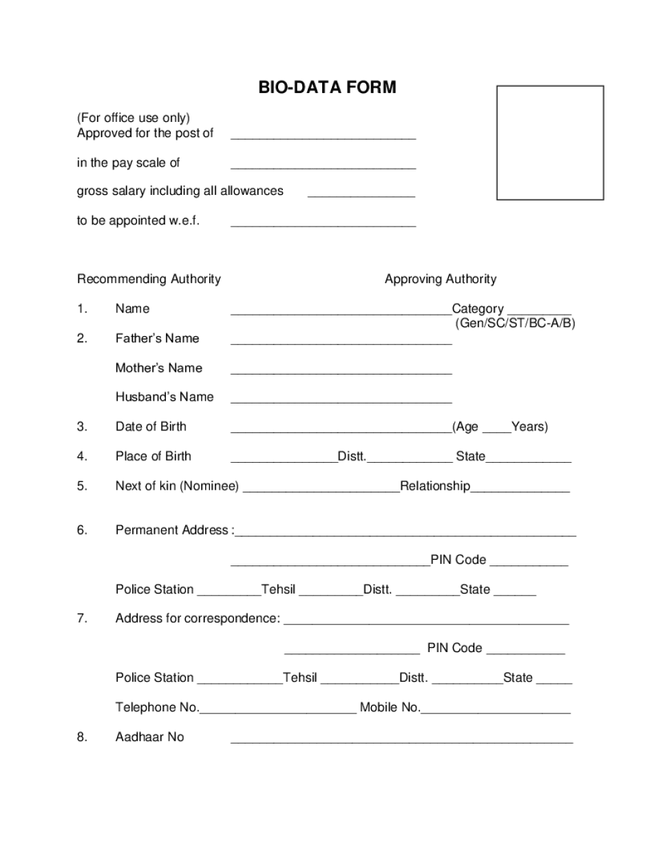 19 Printable Bio Data Form For Student Templates - PDFfiller