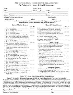 South Carolina Independent School Association Pre-Participation Health Form