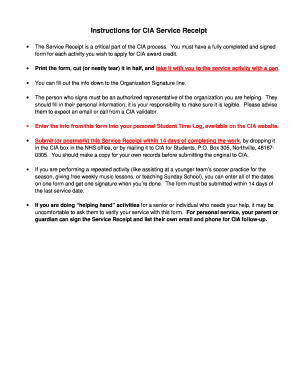 CIA Service Receipt Form