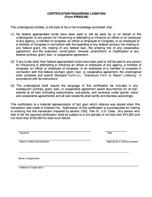 Certification Regarding Lobbying Form PR003-06