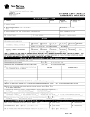 Pennsylvania National Mutual Casualty Insurance Company Umbrella Application