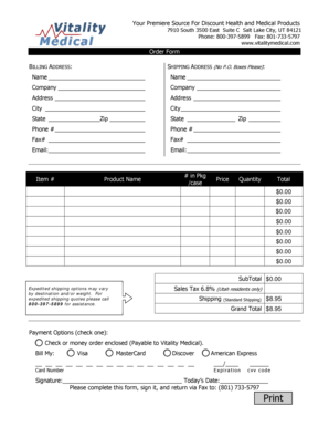 Vitality Medical Order Form