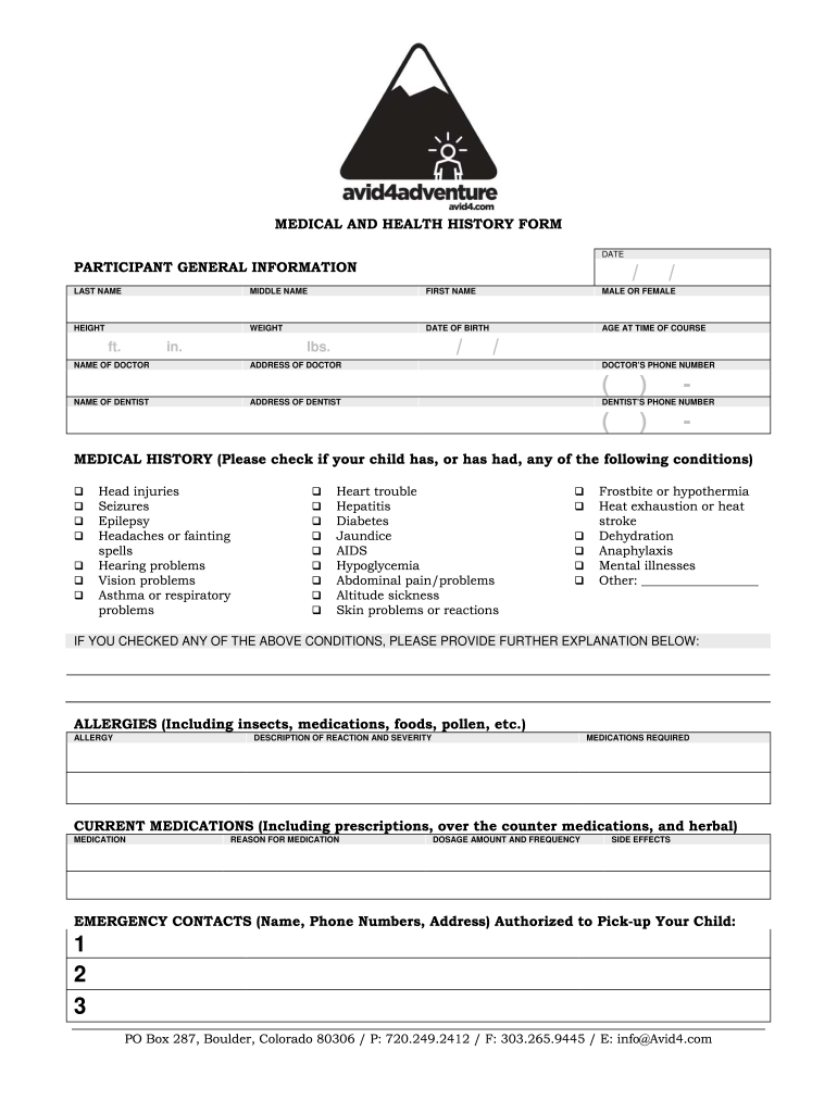 Day Camp Health Form - Avid4 Adventure Preview on Page 1