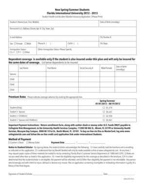 Student Health and Accident Blanket Insurance Application