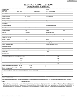 Print Form RENTAL APPLICATION (ALL SECTIONS MUST BE COMPLETED) Individual applications required from each adult occupant Property Name Unit# Melanie Last Name First Name Date of Birth Middle Initial Home # Social Security # D