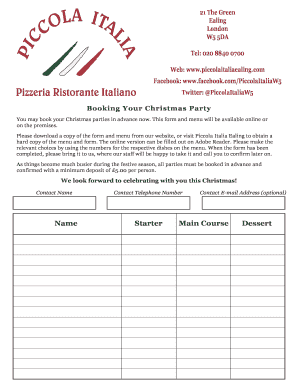 Christmas Menu and Booking Form - Piccola Italia Ealing