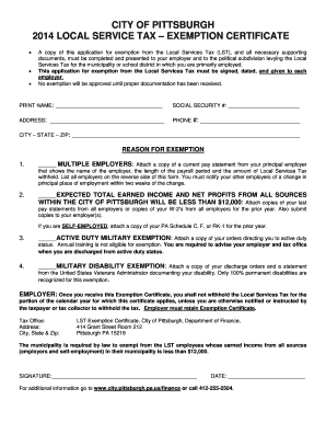 City of Pittsburgh 2014 Local Service Tax Exemption Certificate