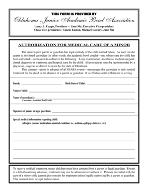 Oklahoma Authorization for Medical Care of a Minor