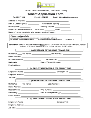 Unit 5a, Liosban Business Park, Tuam Road, Galway Tenant Application Form Tel: 091-771898 Fax: 091- 778130 Email: letting winterspm