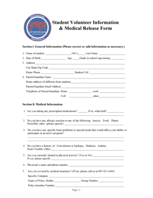 Student Volunteer Information & Medical Release Form