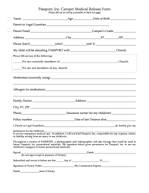 images of parental consent form with a passport for a camp