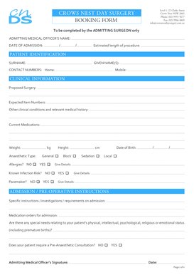 Crows Nest Day Surgery Admission and Consent Forms
