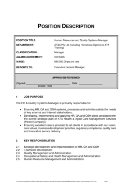 Human Resources and Quality Systems Manager Position Description