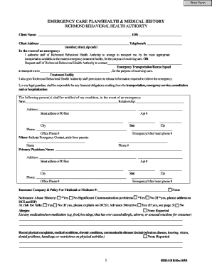 Emergency Care Plan Health Medical History