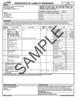 Certificate of Liability Insurance