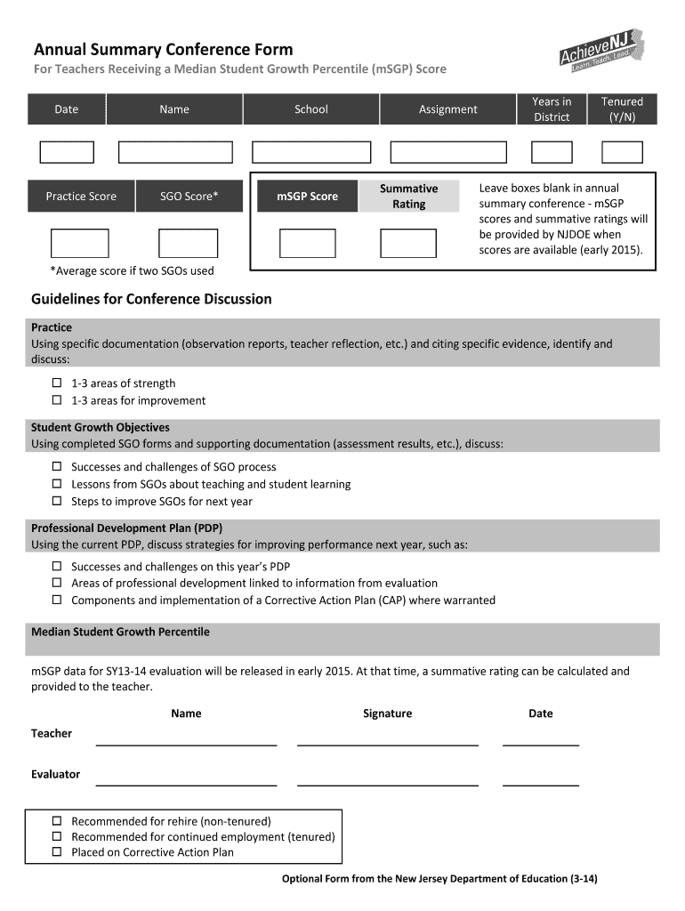 Annual Summary Conference Form - State of New Jersey - nj Preview on Page 1