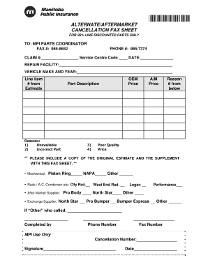 Alternate/Aftermarket Cancellation Fax Sheet