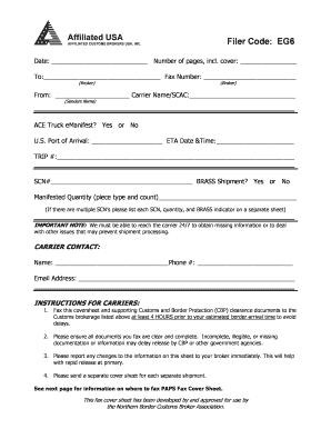 US Customs Border Protection PAPS Fax Cover Sheet