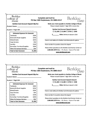 Berklee College of Music Card Account Deposit Slip
