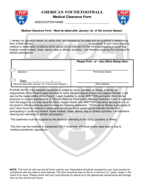 American Youth Football Medical Clearance Form